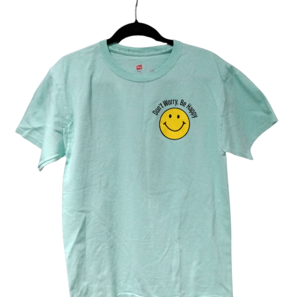 Hanes Mans Don't Worry Be Happy T-shirt Medium‎ Short Sleeve Green